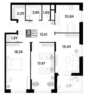 3-к квартира, строящийся дом, 88м2, 8/25 этаж