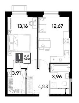 1-к квартира, строящийся дом, 39м2, 25/25 этаж