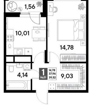 1-к квартира, строящийся дом, 40м2, 4/25 этаж