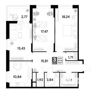 3-к квартира, строящийся дом, 93м2, 19/25 этаж