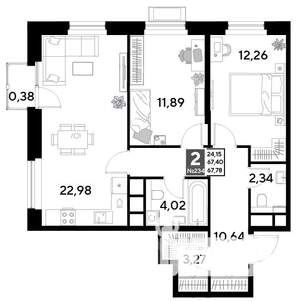 2-к квартира, строящийся дом, 68м2, 21/25 этаж