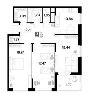 3-к квартира, строящийся дом, 88м2, 15/25 этаж