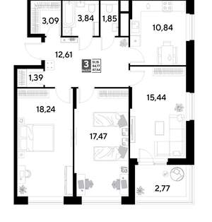 3-к квартира, строящийся дом, 88м2, 19/25 этаж