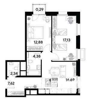 2-к квартира, строящийся дом, 61м2, 22/25 этаж