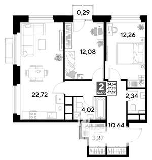 2-к квартира, строящийся дом, 68м2, 24/25 этаж