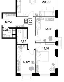 3-к квартира, строящийся дом, 80м2, 17/25 этаж