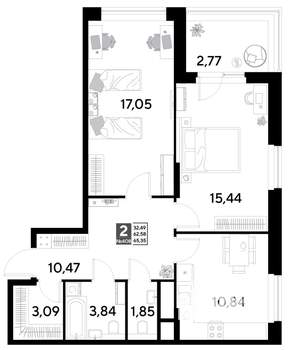 2-к квартира, строящийся дом, 65м2, 9/25 этаж