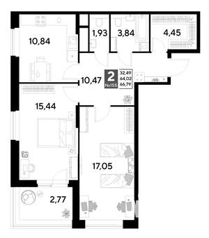 2-к квартира, строящийся дом, 67м2, 13/25 этаж