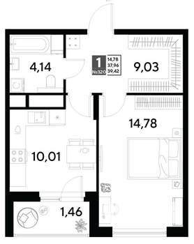 1-к квартира, строящийся дом, 39м2, 2/25 этаж