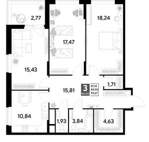 3-к квартира, вторичка, 93м2, 12/25 этаж