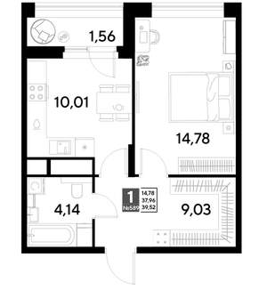 1-к квартира, строящийся дом, 40м2, 23/25 этаж