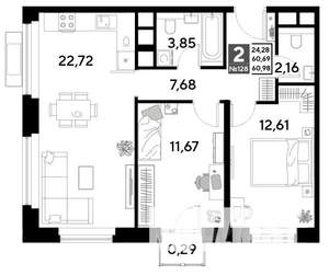 2-к квартира, строящийся дом, 61м2, 12/25 этаж