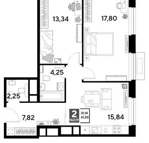 2-к квартира, строящийся дом, 61м2, 21/25 этаж