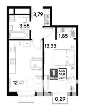 1-к квартира, строящийся дом, 35м2, 24/25 этаж