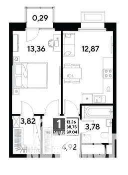 1-к квартира, строящийся дом, 39м2, 21/25 этаж