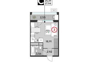 Студия квартира, вторичка, 28м2, 23/25 этаж