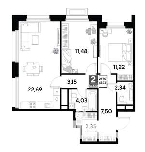 2-к квартира, строящийся дом, 66м2, 5/25 этаж
