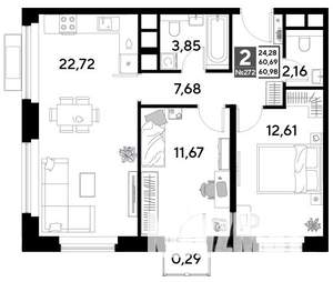 2-к квартира, строящийся дом, 61м2, 24/25 этаж