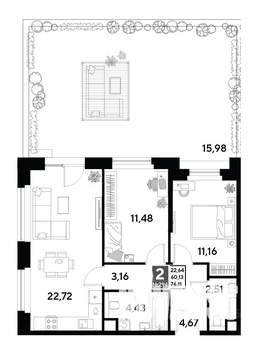 2-к квартира, строящийся дом, 76м2, 2/25 этаж