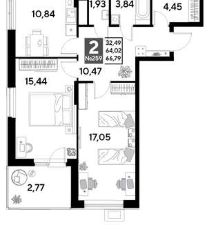 2-к квартира, вторичка, 67м2, 21/25 этаж