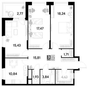 3-к квартира, строящийся дом, 93м2, 8/25 этаж