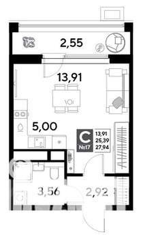 Студия квартира, строящийся дом, 28м2, 3/25 этаж