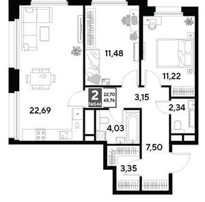 2-к квартира, вторичка, 66м2, 23/25 этаж