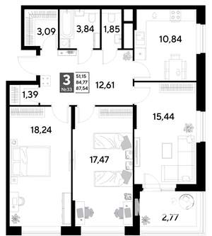 3-к квартира, строящийся дом, 88м2, 4/25 этаж