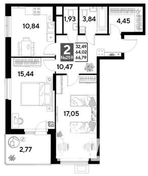 2-к квартира, строящийся дом, 67м2, 21/25 этаж