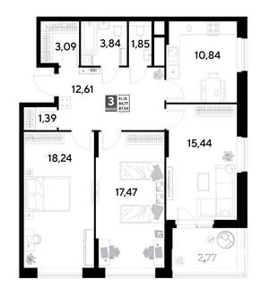 3-к квартира, строящийся дом, 88м2, 21/25 этаж