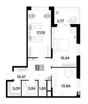 2-к квартира, строящийся дом, 65м2, 18/25 этаж