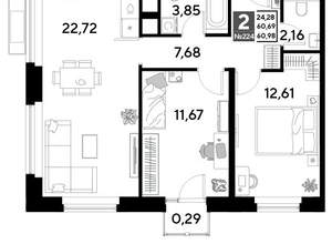 2-к квартира, строящийся дом, 61м2, 20/25 этаж