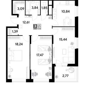 3-к квартира, строящийся дом, 88м2, 21/25 этаж