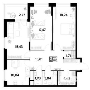 3-к квартира, строящийся дом, 93м2, 16/25 этаж
