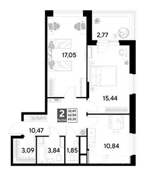 2-к квартира, строящийся дом, 65м2, 22/25 этаж