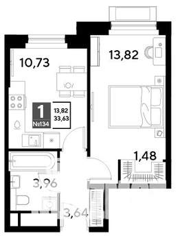 1-к квартира, строящийся дом, 34м2, 13/25 этаж