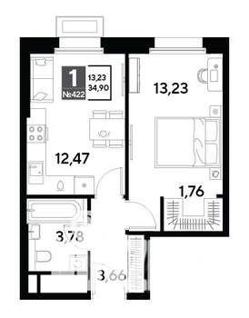 1-к квартира, строящийся дом, 35м2, 13/25 этаж