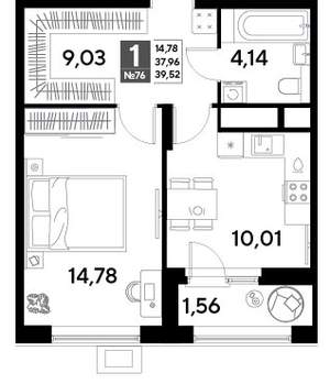 1-к квартира, вторичка, 40м2, 7/25 этаж