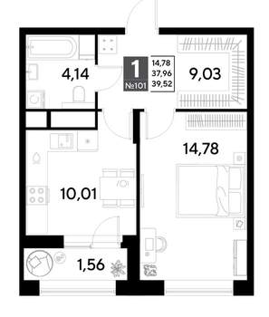 1-к квартира, строящийся дом, 40м2, 9/25 этаж