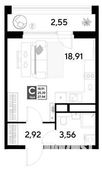 Студия квартира, строящийся дом, 28м2, 2/25 этаж