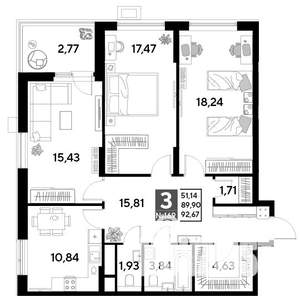 3-к квартира, строящийся дом, 93м2, 15/25 этаж