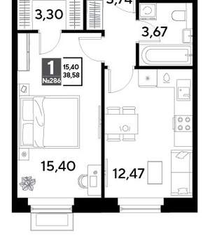 1-к квартира, вторичка, 39м2, 25/25 этаж