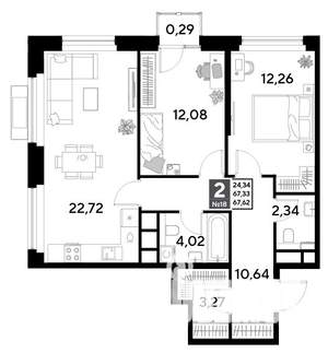 2-к квартира, строящийся дом, 68м2, 3/25 этаж