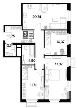 3-к квартира, строящийся дом, 81м2, 25/25 этаж