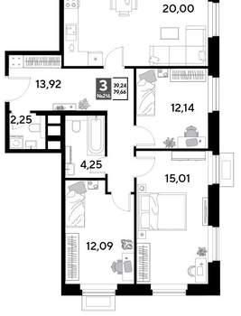 3-к квартира, строящийся дом, 80м2, 19/25 этаж