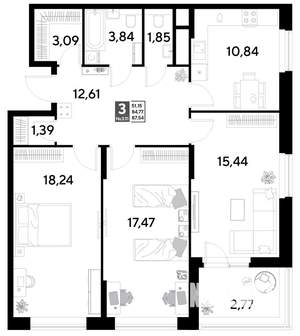 3-к квартира, строящийся дом, 88м2, 3/25 этаж