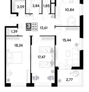 3-к квартира, строящийся дом, 88м2, 21/25 этаж