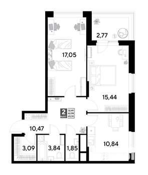 2-к квартира, строящийся дом, 65м2, 20/25 этаж