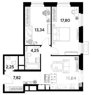 2-к квартира, строящийся дом, 61м2, 20/25 этаж