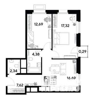 2-к квартира, строящийся дом, 61м2, 20/25 этаж
